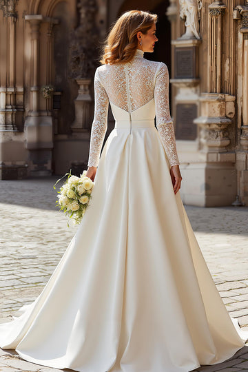 Modest A-Line Ivory High Neck Long Sleeve Wedding Dress
